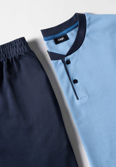 Long Serafino Pyjamas in Warm Interlock Cotton - Light Blue and Blue - Azzurro/blu 857 | Cagi