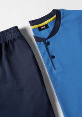 Long Serafino Pyjamas in Warm Interlock Cotton - Denim and Blue - Denim/blu 1052 | Cagi