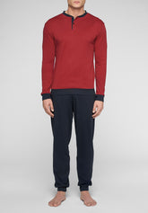 Long Serafino Pyjamas in Warm Interlock Cotton - Dark Red and Blue - Rosso scuro/blu 1071 | Cagi