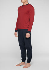 Long Serafino Pyjamas in Warm Interlock Cotton - Dark Red and Blue - Rosso scuro/blu 1071 | Cagi