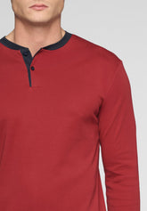 Long Serafino Pyjamas in Warm Interlock Cotton - Dark Red and Blue - Rosso scuro/blu 1071 | Cagi