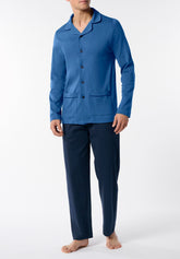 Pigiama Lungo Aperto con Collo in caldo Interlock di Cotone - Denim e Blu - Denim/blu 1052 | Cagi
