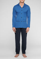 Long Button-Down Pyjamas with Collar in Warm Interlock Cotton - Denim and Blue - Denim/blu 1052 | Cagi