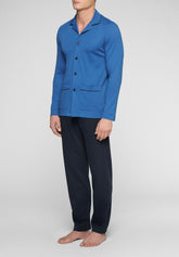 Long Button-Down Pyjamas with Collar in Warm Interlock Cotton - Denim and Blue - Denim/blu 1052 | Cagi