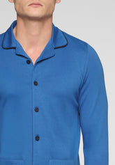 Long Button-Down Pyjamas with Collar in Warm Interlock Cotton - Denim and Blue - Denim/blu 1052 | Cagi