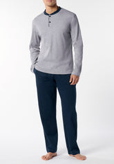 Pigiama Lungo Serafino in Interlock di Cotone Invernale Basic - Grigio Melange e Blu - Grigio melange/blu 1050 | Cagi