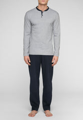 Long Pyjamas in Warm Interlock Cotton Basic Line - Grey Mélange and Blue - Grigio melange/blu 1050 | Cagi