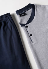 Pigiama Lungo Serafino in Interlock di Cotone Invernale Basic - Grigio Melange e Blu - Grigio melange/blu 1050 | Cagi