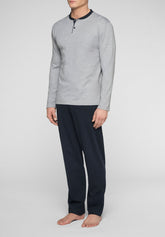 Long Pyjamas in Warm Interlock Cotton Basic Line - Grey Mélange and Blue - Grigio melange/blu 1050 | Cagi