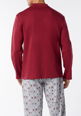 Pigiama Lungo Serafino in Interlock di Cotone Invernale Francobolli con Cagnolini - Rosso Scuro e Grigio Melange - Rosso scuro/fant.grigio mel 1081 | Cagi