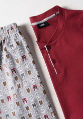 Pigiama Lungo Serafino in Interlock di Cotone Invernale Francobolli con Cagnolini - Rosso Scuro e Grigio Melange - Rosso scuro/fant.grigio mel 1081 | Cagi