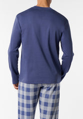 Pigiama Lungo Serafino in Interlock di Cotone Invernale Stampa Check - Jeans e Grigio Melange - Jeans/quadro grigio mel 790 | Cagi