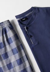 Pigiama Lungo Serafino in Interlock di Cotone Invernale Stampa Check - Jeans e Grigio Melange - Jeans/quadro grigio mel 790 | Cagi