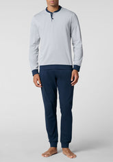 Pigiama Lungo Serafino in Jersey di Cotone Leggero - Azzurro Ghiaccio e Blu - Azzurro ghiaccio/blu 1067 | Cagi