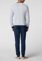 Pigiama Lungo Serafino in Jersey di Cotone Leggero - Azzurro Ghiaccio e Blu - Azzurro ghiaccio/blu 1067 | Cagi