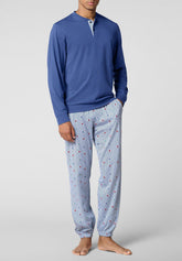 Long Pyjamas in Lightweight Cotton Jersey - Cobalt and Dachshund Print - Cobalto/st.bassotti 1089 | Cagi