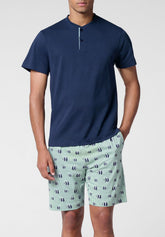 Short Pyjamas in Lightweight Cotton Jersey - Blue and Fish Print - Blu/st.pesci 1090 | Cagi