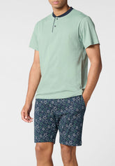 Short Pyjamas in Lightweight Cotton Jersey - Aqua Green and Turtle Print - Acquamarina/st.tartarughe 1096 | Cagi