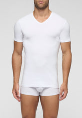In Action Stretch Cotton V-neck T-Shirt - White - Bianco | Cagi