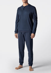 Pigiama Lungo Serafino in Interlock di Cotone Invernale - Royal e Blu - Blu/blu 1082 | Cagi