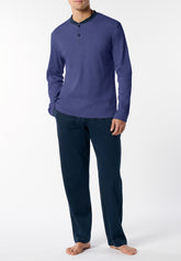 Pigiama Lungo Serafino in Interlock di Cotone Invernale Basic - Jeans e Blu - Jeans/blu 793 | Cagi