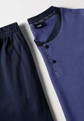 Pigiama Lungo Serafino in Interlock di Cotone Invernale Basic - Jeans e Blu - Jeans/blu 793 | Cagi