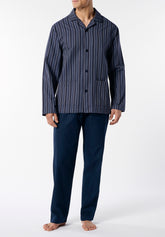 Long Button Down Pyjamas with Collar in Cotton Flannel - Blue Stripe - Riga blu/blu 819 | Cagi