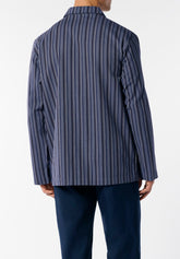 Long Button Down Pyjamas with Collar in Cotton Flannel - Blue Stripe - Riga blu/blu 819 | Cagi
