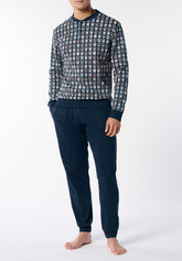 Long Pyjamas in Winter Cotton Interlock Stamp Print - Blue - Fantasia blu/blu 1059 | Cagi