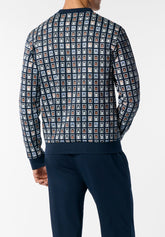 Long Pyjamas in Winter Cotton Interlock Stamp Print - Blue - Fantasia blu/blu 1059 | Cagi