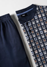 Long Pyjamas in Winter Cotton Interlock Stamp Print - Blue - Fantasia blu/blu 1059 | Cagi