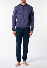 Pigiama Lungo Serafino in Interlock di Cotone Invernale Stampa Portafortuna - Jeans e Blu - Fantasia jeans/blu 789 | Cagi