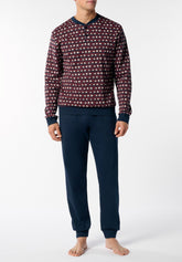 Long Pyjamas in Winter Cotton Interlock Penguin Print - Dark Red and Blue - Fantasia rosso scuro/blu 1075 | Cagi