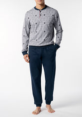 Long Pyjamas in Winter Cotton Interlock Black Sheep Print - Grey Mélange and Blue - Fantasia grigio melange/blu 1074 | Cagi