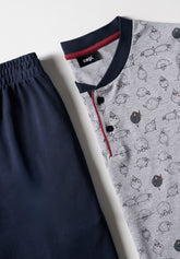 Long Pyjamas in Winter Cotton Interlock Black Sheep Print - Grey Mélange and Blue - Fantasia grigio melange/blu 1074 | Cagi