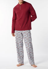 Pigiama Lungo Serafino in Interlock di Cotone Invernale Francobolli con Cagnolini - Rosso Scuro e Grigio Melange - Rosso scuro/fant.grigio mel 1081 | Cagi