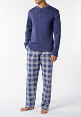 Long Pyjamas in Winter Cotton Interlock Check Pattern - Denim and Grey Mélange - Jeans/quadro grigio mel 790 | Cagi