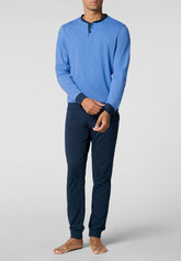Pigiama Lungo Serafino in Jersey di Cotone Leggero - Oceano e Blu - Oceano/blu 1068 | Cagi