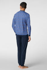 Pigiama Lungo Serafino in Jersey di Cotone Leggero - Fantasia Pinguini e Blu - St.pinguini/blu 1088 | Cagi