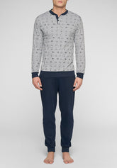Long Pyjamas in Cotton Interlock - Panda Pattern in Grey Mélange and Blue - St.panda grigio mel/blu 1098 | Cagi