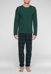 Pigiama Lungo Girocollo in Interlock di Cotone - Verde Scuro e Check Verde - Verde scuro/check verde 1108 | Cagi